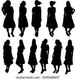 Colección vectorial de siluetas de bellas niñas delgadas en vestidos con el pelo largo aislado sobre fondo blanco. Iconos negros de mujeres con poses diferentes