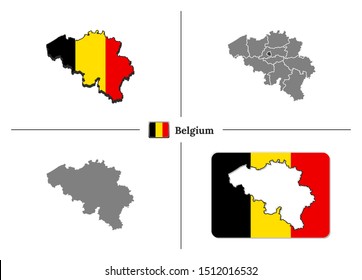 Vector collection with silhouettes of Belgium map with national flag and marked state regions