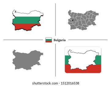 Vector collection with silhouettes of Bulgaria map with national flag and marked state regions