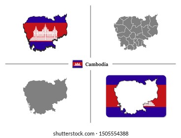 Vector collection with silhouettes of Cambodia map with national flag and marked state regions