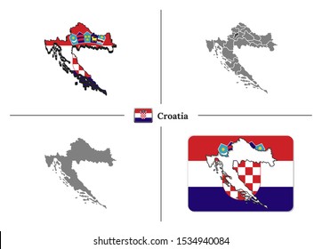 Vector collection with silhouettes of Croatia map with national flag and marked state regions