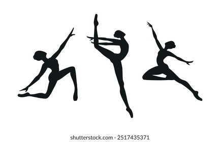 Vector collection of silhouettes of dancing ballerina girls on a white background.