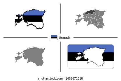 Vector collection with silhouettes of Estonia map with national flag and marked state regions
