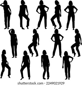 Vector collection of silhouettes of girls with curly hair in loose trousers and a T-shirt isolated on a white background. Slim women in home clothes.