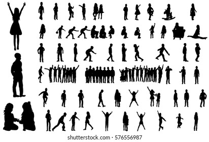 vector collection of silhouettes of isolated children play, jump, run