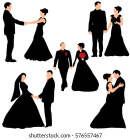 vector collection of silhouettes of isolated wedding, the bride and groom