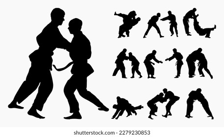 Vector collection silhouettes judoist, judoka, fighter in a duel, fight, judo sport. Martial art. Sportsmanship. Sport silhouettes pack