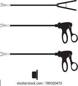 Vector collection of silhouettes for Laparoscopic Surgical Instruments used in Bariatric and minimally invasive surgery: Includes Needle Driver, Forceps, Bowel Tissue Grasper, Trocar 