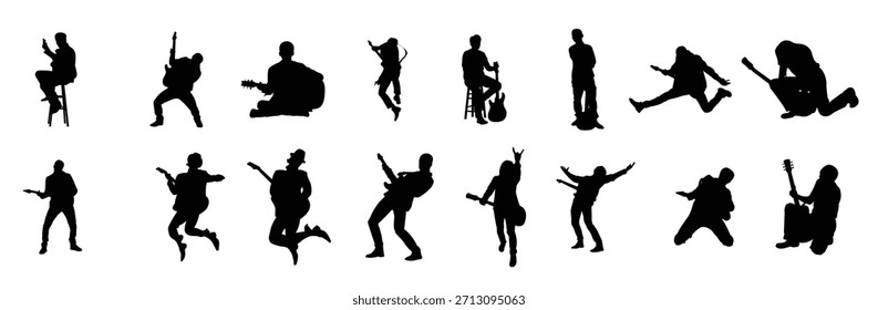 coleção vetorial de silhuetas de pessoas tocando guitarra