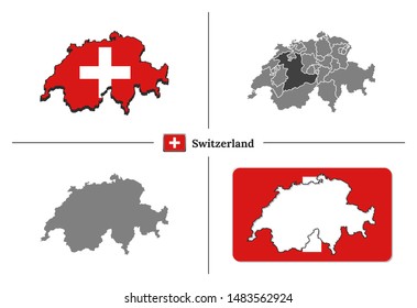 Vector collection with silhouettes of Switzerland map with national flag and marked state regions