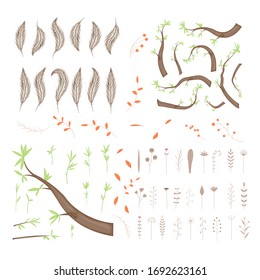 Vector collection of silhouettes of tree branches, set of branches with leaves.