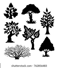  Vector collection of silhouettes of trees and bush. Isolated composition in vintage style.