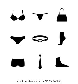 Vector collection of silhouettes of underwear and accessories isolated on white background. Underclothes flat icon set. Logo. Bra, underpants, bag, belt, tie, socks pictogram set.