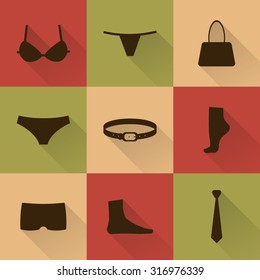 Vector collection of silhouettes of underwear and accessories in flat style with long shadow. Underclothes flat icon set. Logo. Bra, underpants, bag, belt, tie, socks pictogram set.