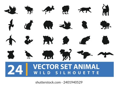 vector collection of silhouettes of zoo animals in the forest, mammals and amphibians, protected animals, pets. adorable and stylish isolated on background