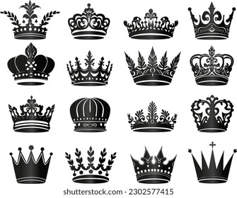 vector collection of simple black crowns isolated. Royalty crowns set