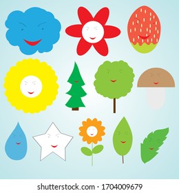 colección vectorial de elementos de deco de animación de carácter cartográfico simple: nube, planta, baya, árbol, flowe, hongo y otros