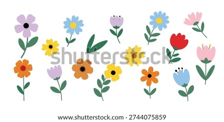 A vector collection of simple, flat design cute spring flowers, leaves, and botanical elements in a variety of bright and pastel colors, isolated on a white background.