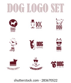 Vector collection of simple flat dog logo isolated on white background. Pet club, animal food shop, doggy center, barberry, sport club, veterinarian clinic. Cute dog icons set. Hunting club emblem.