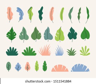 Vector collection of simple flat green leaves, plants and trees - minimal decoration design elements