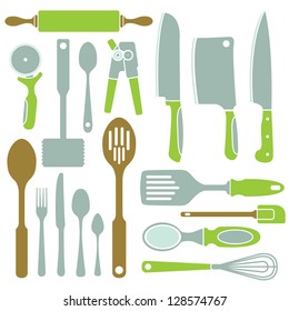 A vector collection of simple kitchen utensil icons.