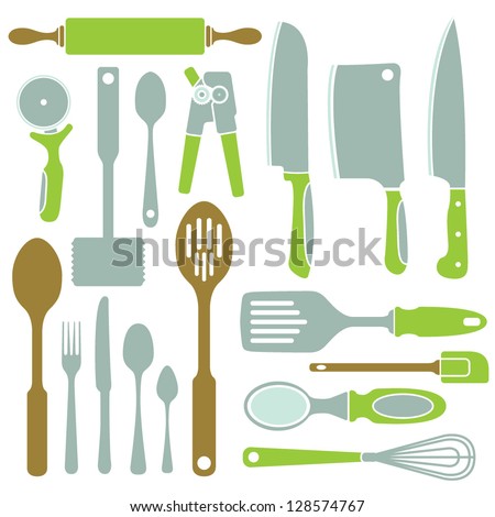 A vector collection of simple kitchen utensil icons.