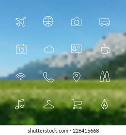 Vector collection of simple line modern icons for mobile interface on blurred background. Fine line pixel aligned mobile ui icons with variable line width. 