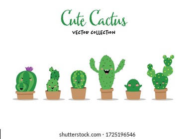 Vector collection of six cacti with cute faces