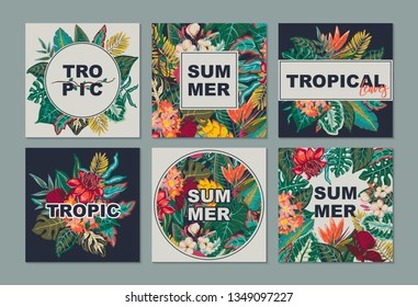 Vector collection with six cards, notes and banners with exotic flowers, plants and leaves. Colorful tropical printable set for party posters, greeting cards, wedding invitations