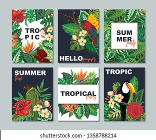 Vector collection with six cards, notes and banners with toucan, exotic flowers, plants and leaves. Colorful tropical printable set for party posters, greeting cards, wedding invitations