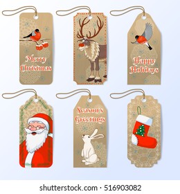 Vector collection of six cute christmas gift tags with Santa, bullfinch, hare and red nose reindeer Rudolph