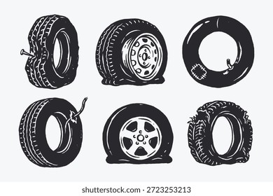 colección de Vector de seis diferentes neumáticos y tubos de automóviles dañados en un estilo de grabado vintage. Incluye llantas pinchadas, pinchazos, caucho triturado y parches de reparación.