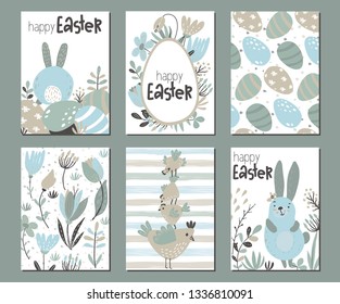 Vector collection of six Easter cards with rabbits, chicken and flowers. Spring set with cartoon bunnies, birds, eggs and plants