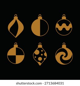 Coleção vetorial de seis ornamentos de Natal estilizados em ouro e preto, apresentando diversos padrões decorativos contemporâneos e abstratos adequados para marcas de férias, impressão ou web design.