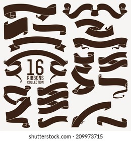 Vector collection of sixteen dark brown decorative retro looking text ribbons, strips and tapes of different shapes | Large vector set of flat decorative ribbons and banners for your text decoration