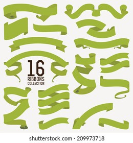 Vector collection of sixteen decorative retro looking green shaded text ribbons, strips and tapes of different shapes | Large vector set of decorative ribbons and banners for your text decoration