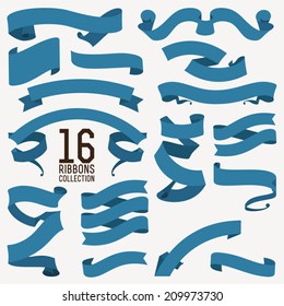 Vector collection of sixteen decorative retro looking blue shaded text ribbons, strips and tapes of different shapes | Large vector set of decorative ribbons and banners for your text decoration