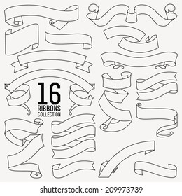 Vector collection of sixteen decorative retro looking text ribbons, strips and tapes contours of different shapes | Large vector set of decorative outlined ribbons and banners for your text 