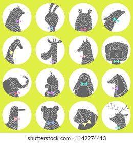 Vector collection of sixteen different animals in bow ties for your design