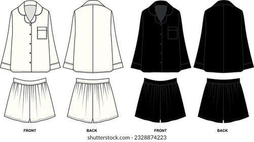 Vector collection sketch of pajama shirt and shorts in black and white. Outline sketch of shorts with gathers and jacket with long sleeves, collar, and button closure, front and back view. 