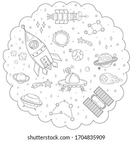 Vector collection in sketch style with silhouettes and edges, contours of drawn rocket, different planets, alien spaceship, ufo, stars and asteroids in the sketch style. Black and white vector set.
