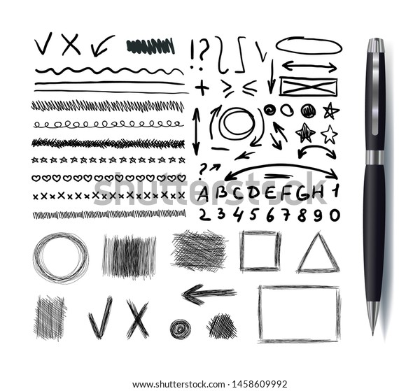 Vector\
Collection of Sketchbook Drawings, Black Pen Hand Drawn Design\
Elements Set Isolated on White Background with Black Realistic Pen,\
Scribble Lines, Arrows and Geometrical\
Shapes.