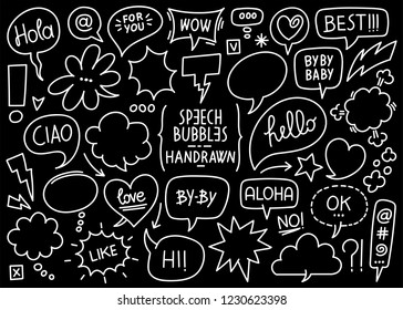 Vector collection of sketched speech bubbles and comic balloons and effects on a black background