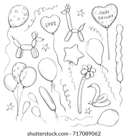 Vector collection of sketches balloons. Hand drawings on a white background. 