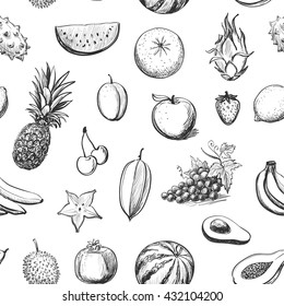 Vector collection of sketches of exotic fruits on white background. Seamless pattern