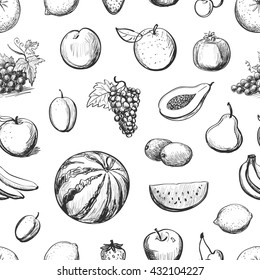 Vector collection of sketches of fruits on white background. Seamless pattern