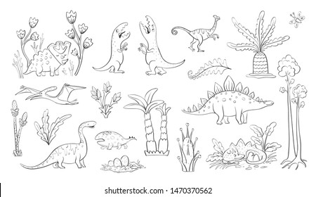 Vector collection of sketches funny dinosaurs