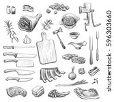 Vector collection of sketches on the theme of cooking meat. Isolated hand drawings. 