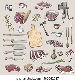 Vector collection of sketches on the theme of cooking meat. Isolated hand drawings. 