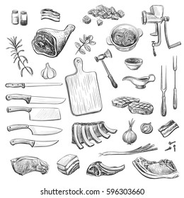 Vector collection of sketches on the theme of cooking meat. Isolated hand drawings. 
